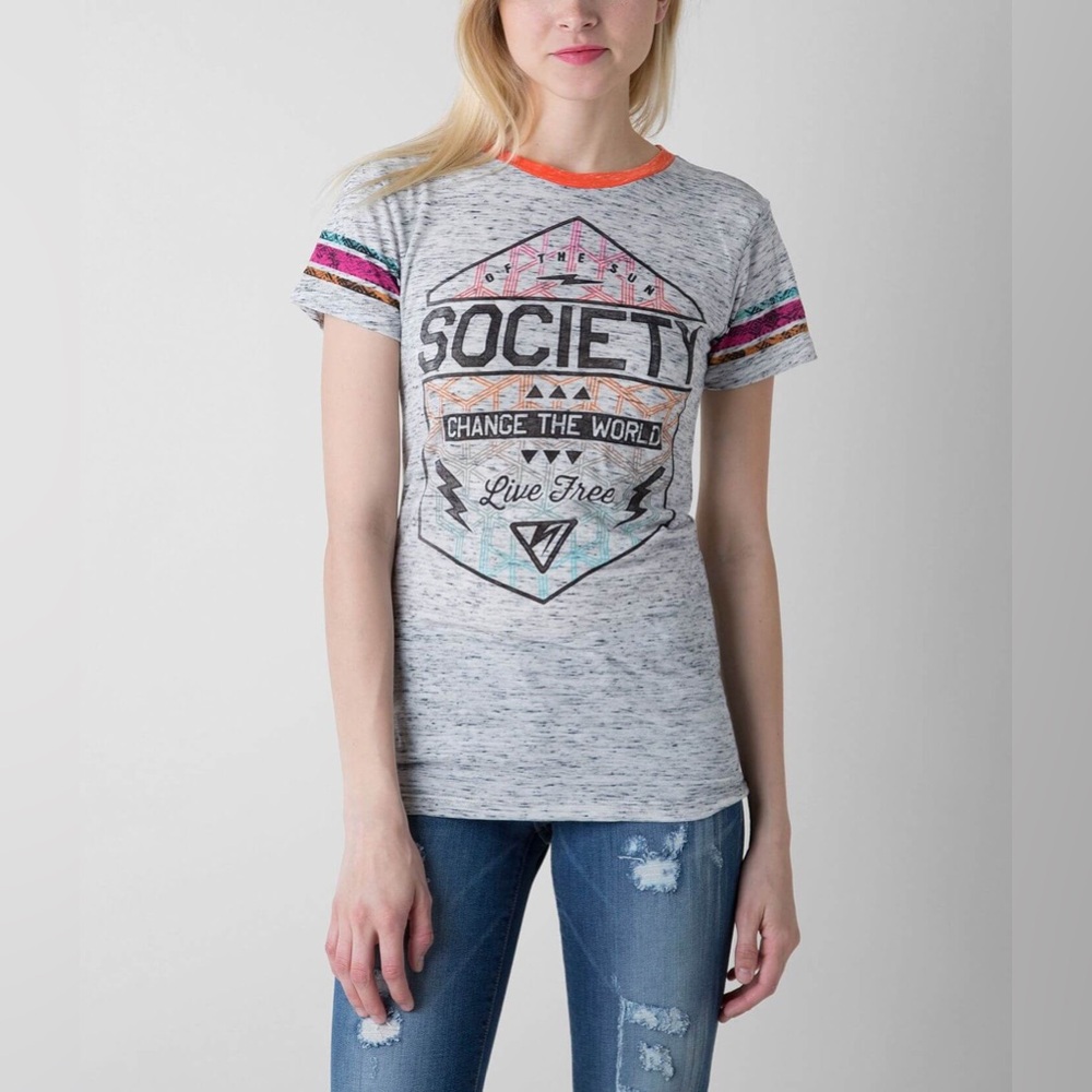 Society Women's Heather Gray Short Sleeve Keep Moving Graphic Tee Size Large